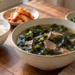 소고기와 부드러운 미역을 담은 미역국과 밥