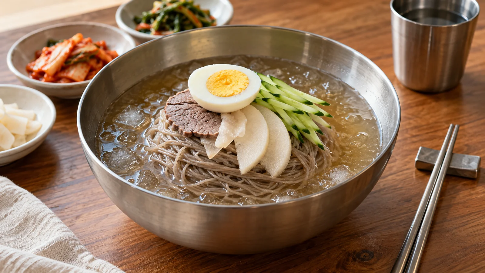 Mulnaengmyeon de caldo frío con fideos, pepino y huevo