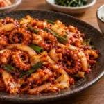 밥과 함께 놓인 매운 낙지볶음과 채소