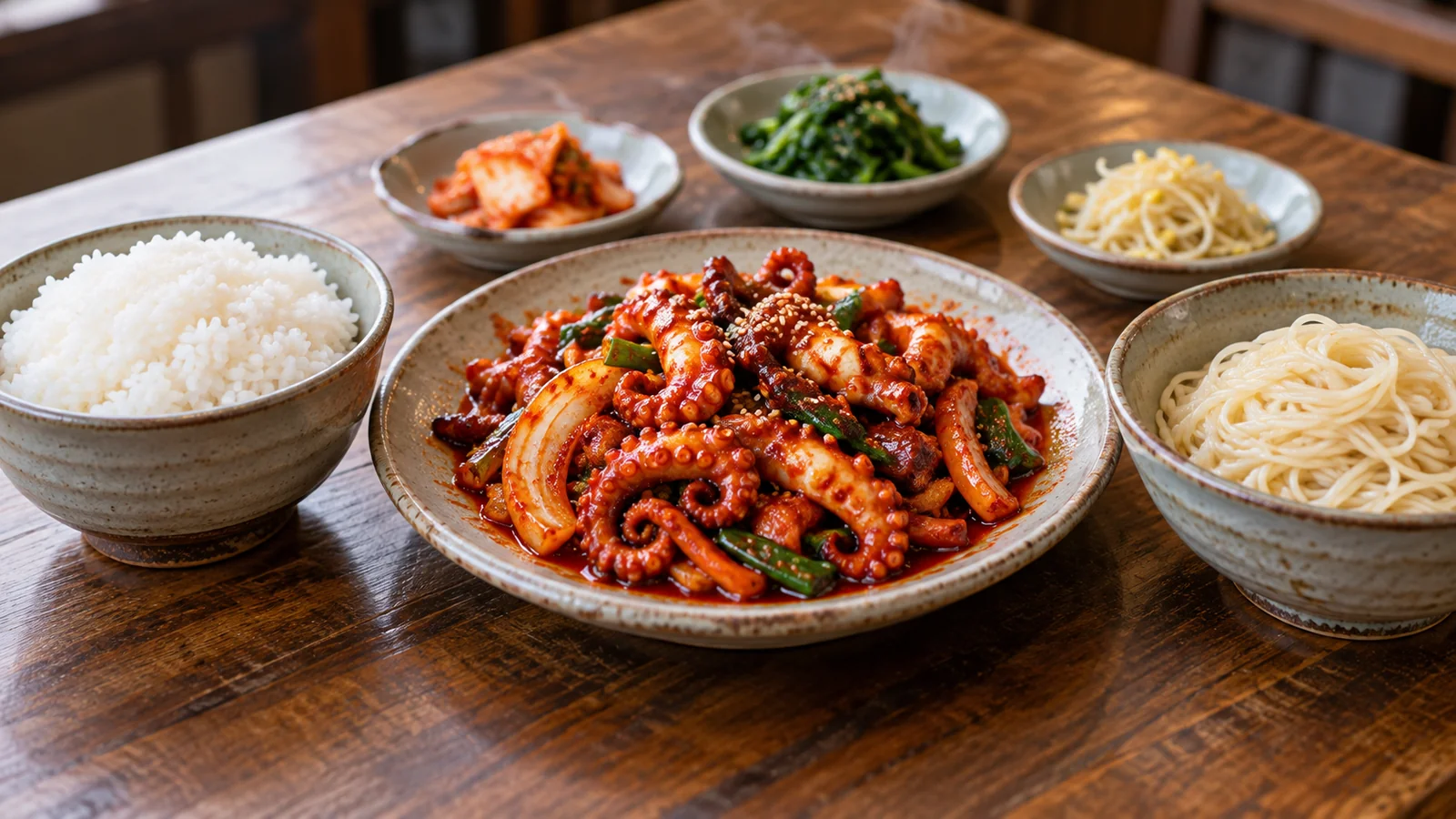 Nakji-bokkeum separado de arroz e macarrão como possíveis acompanhamentos