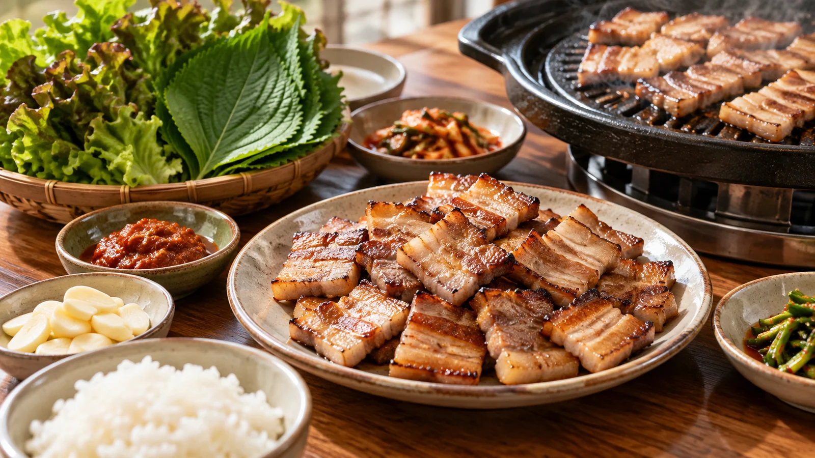 Pork belly browning on a grill with vegetables on the side