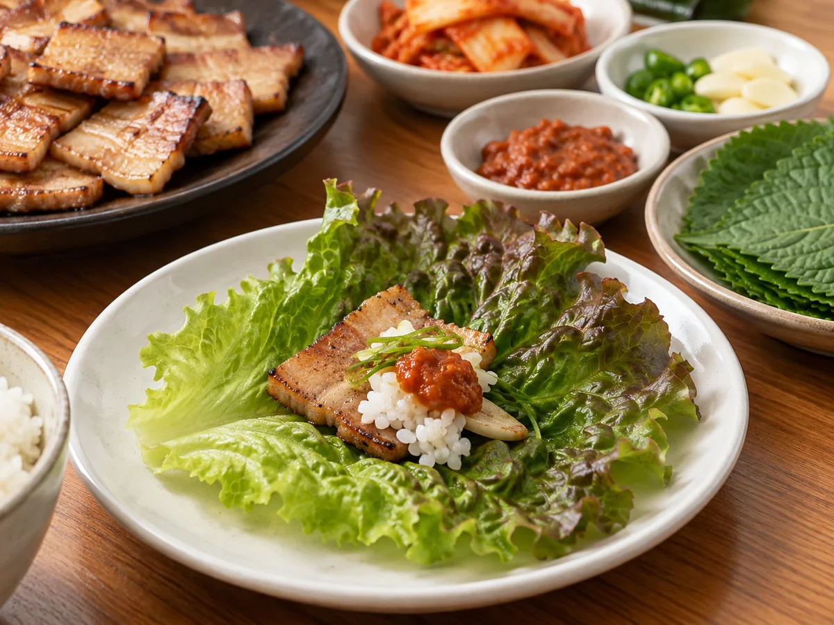 상추에 익힌 삼겹살 한 조각, 밥과 소량의 쌈장을 올린 쌈 예시