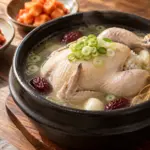 뚝배기에 익힌 작은 닭과 인삼, 대추, 마늘, 찹쌀을 담은 삼계탕