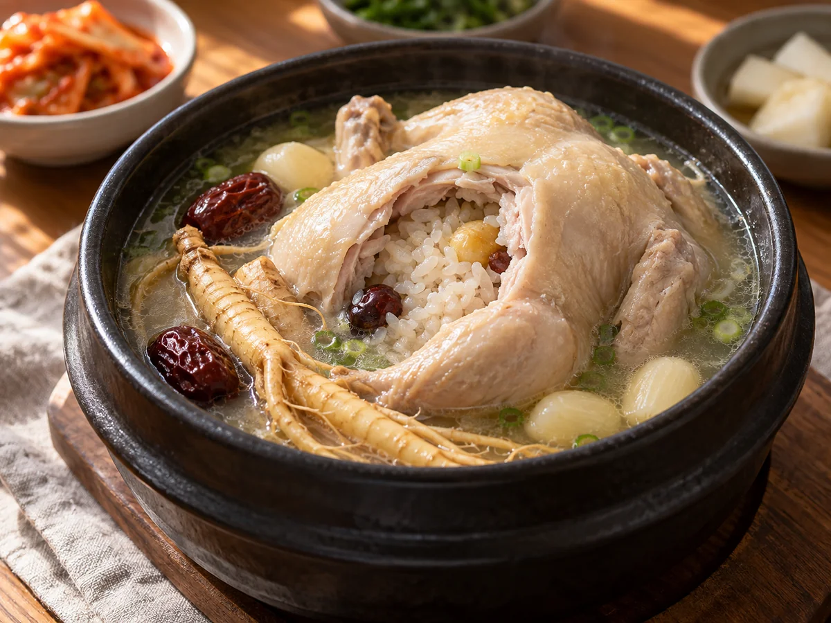 삼계탕의 익힌 닭 안에 든 찹쌀과 국물 속 인삼·대추의 예시