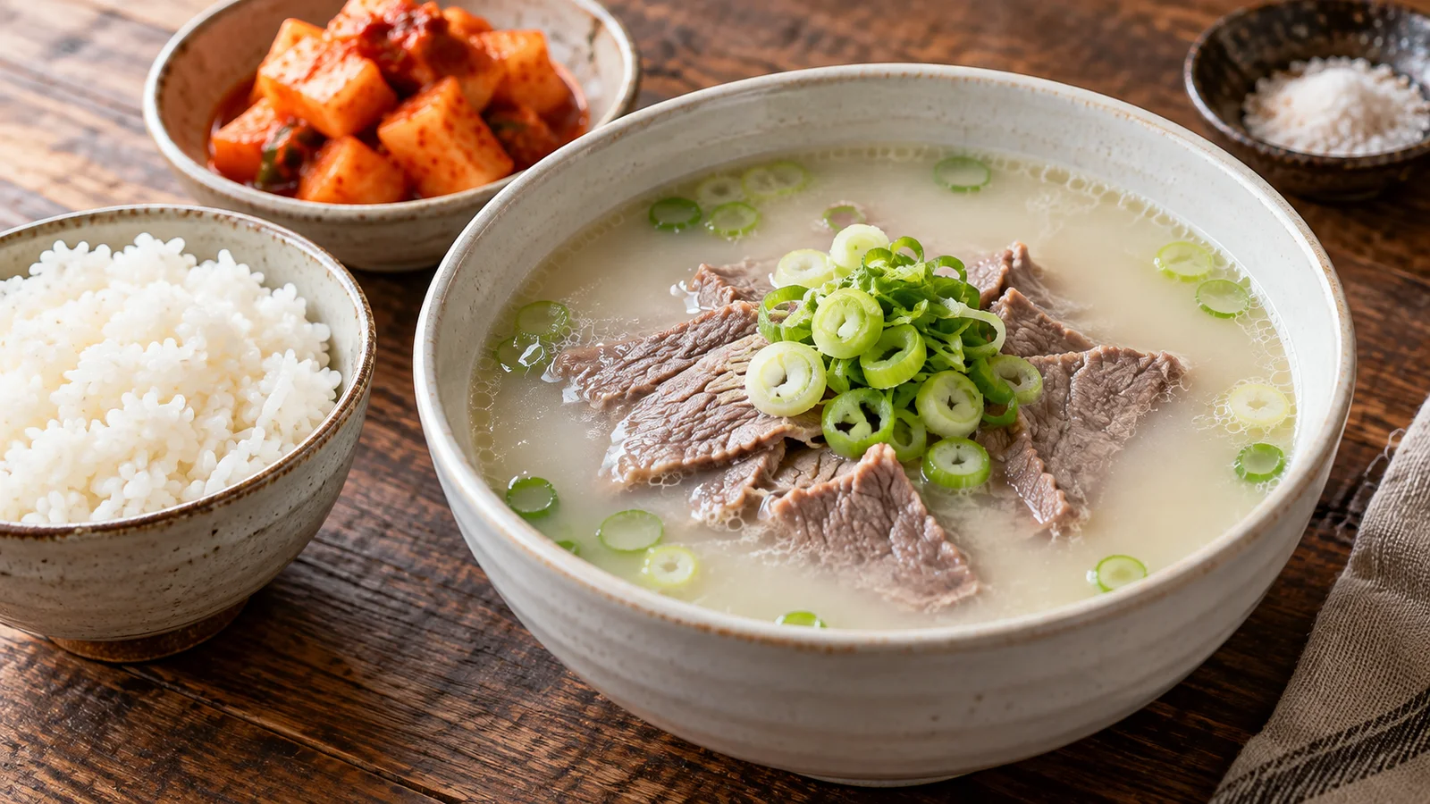 뽀얀 소고기 국물에 고기와 파를 담고 밥과 깍두기를 곁들인 설렁탕