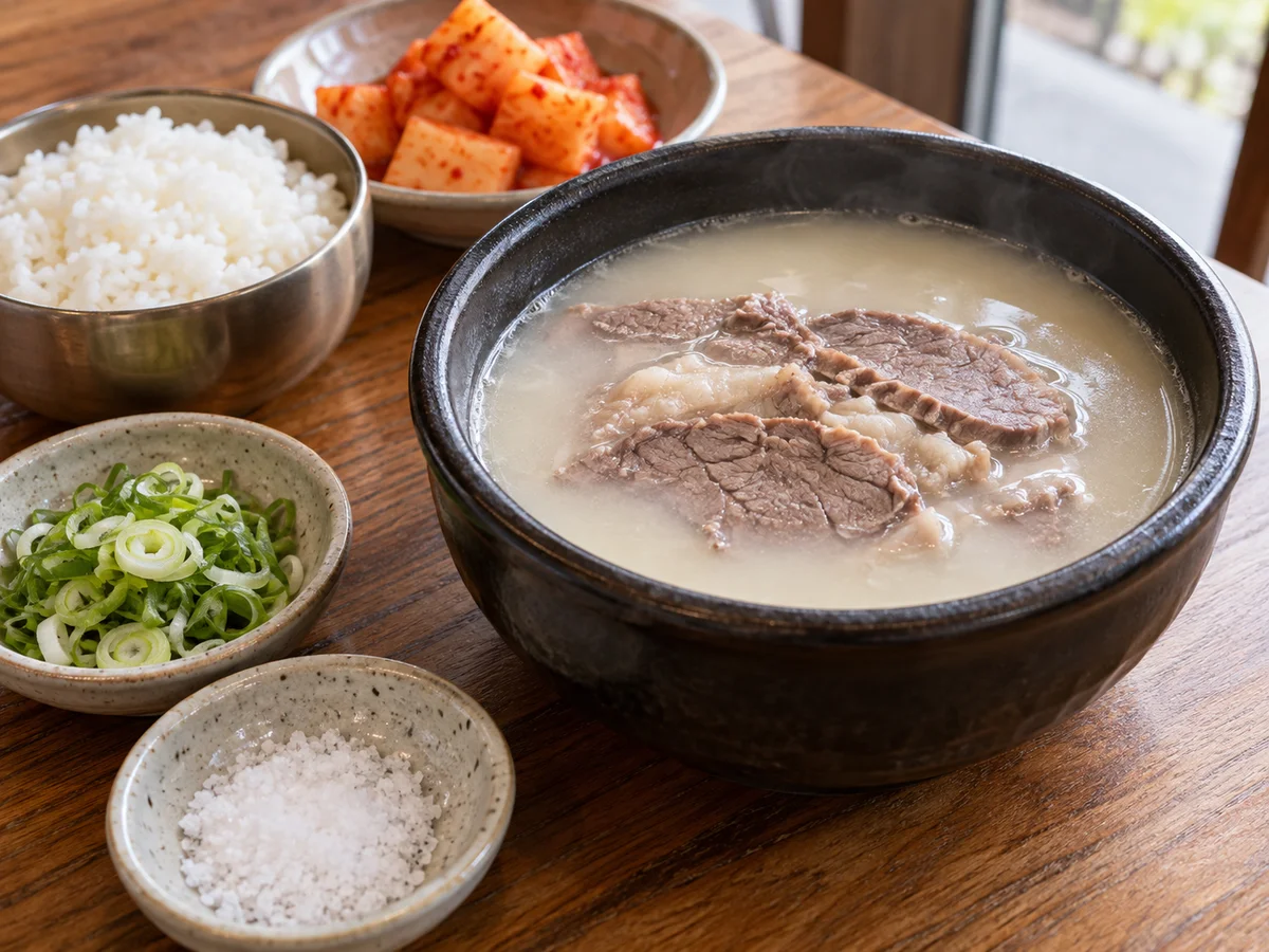 설렁탕 옆에 소금과 파를 따로 놓은 상차림