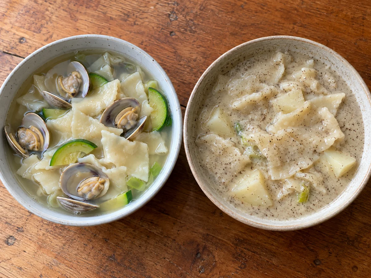 Clear clam sujebi beside a perilla broth with visible seed particles