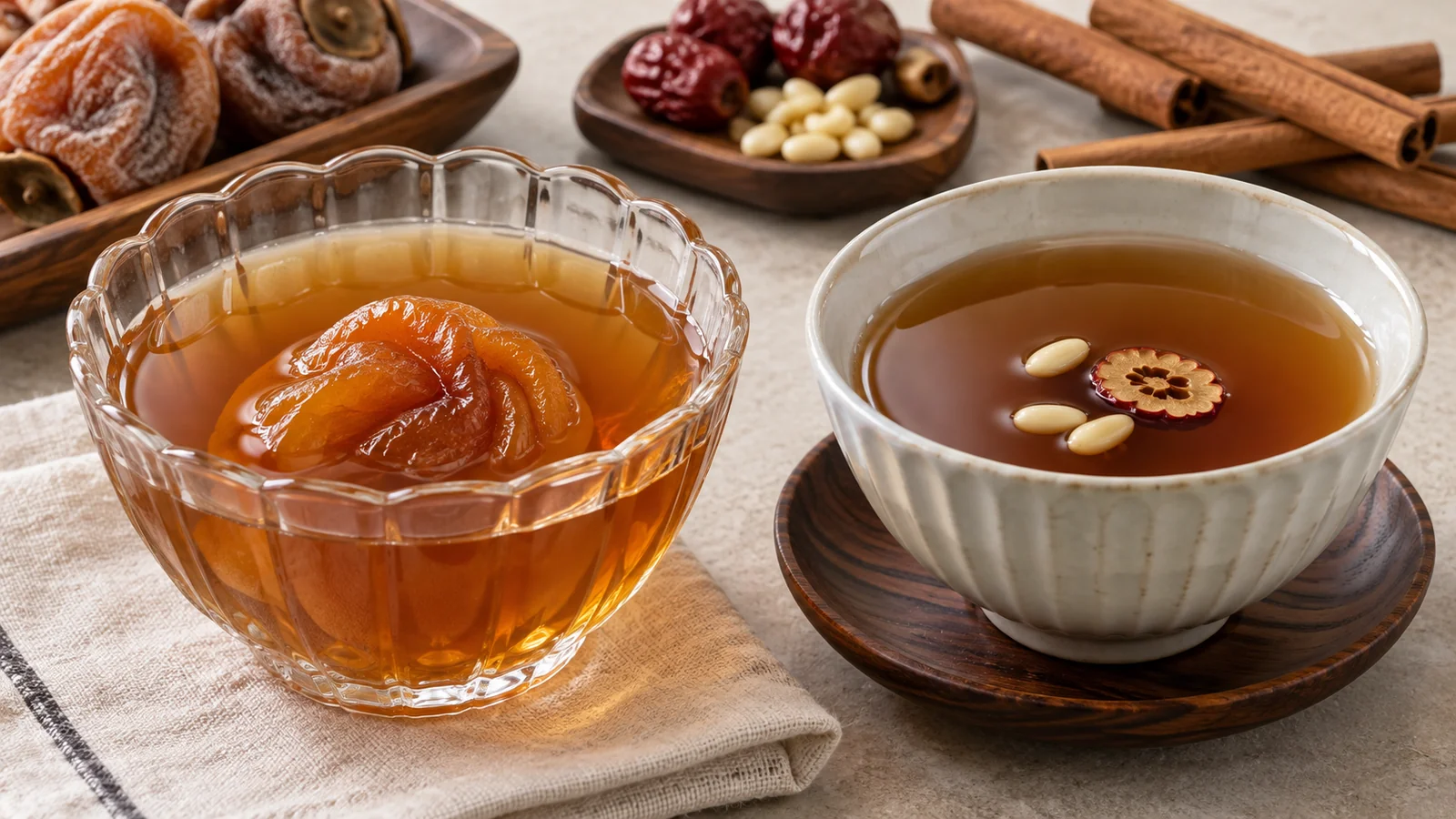 Deux bols de sujeonggwa, l'un au kaki séché et l'autre aux pignons et au jujube