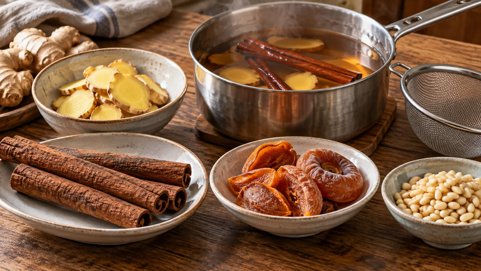 Bâtons de cannelle, gingembre tranché, kakis séchés et pignons près d'une casserole d'infusion et d'une passoire