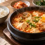 붉은 국물에 부드러운 순두부와 조개, 달걀을 넣은 순두부찌개