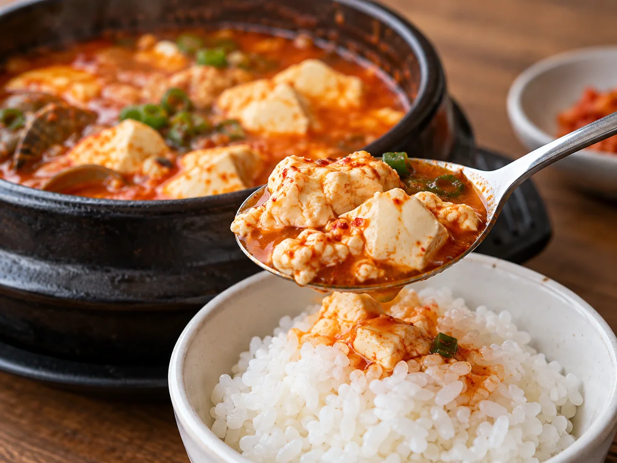Una cucharada de tofu suave y caldo rojo de sundubu jjigae