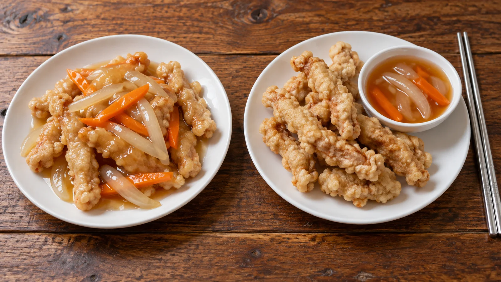 Tangsuyuk mit darübergegossener Sauce neben unbedeckten Stücken und einer separaten Saucenschale