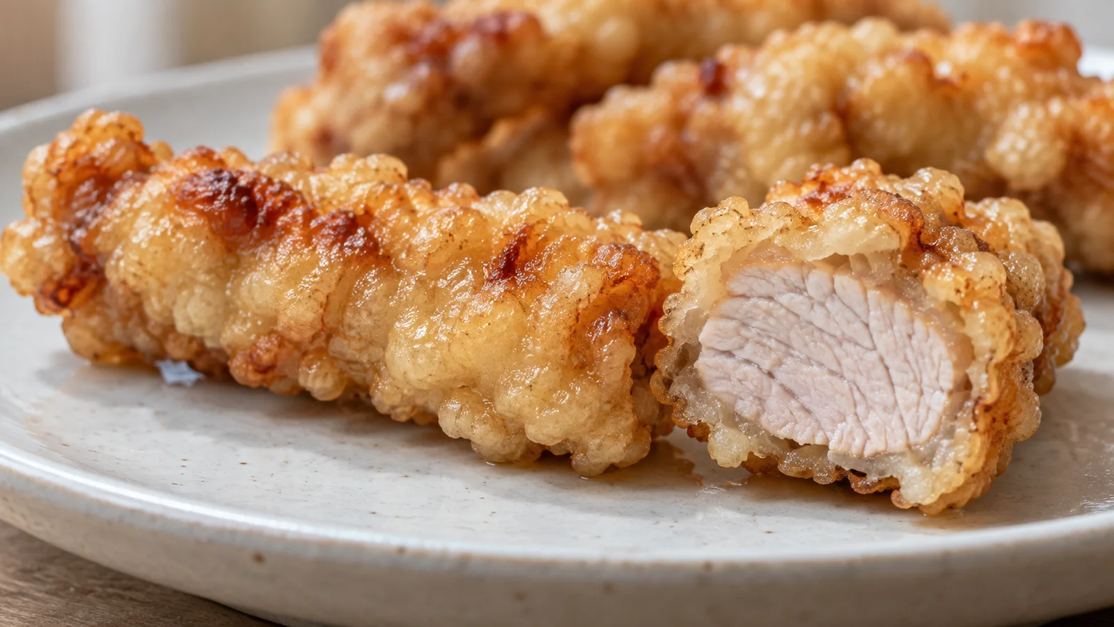 Aufgeschnittenes Tangsuyuk mit Schweinefleisch im Inneren und goldener Teighülle außen