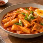 붉은 양념에 떡, 어묵, 대파와 삶은 달걀을 담은 떡볶이