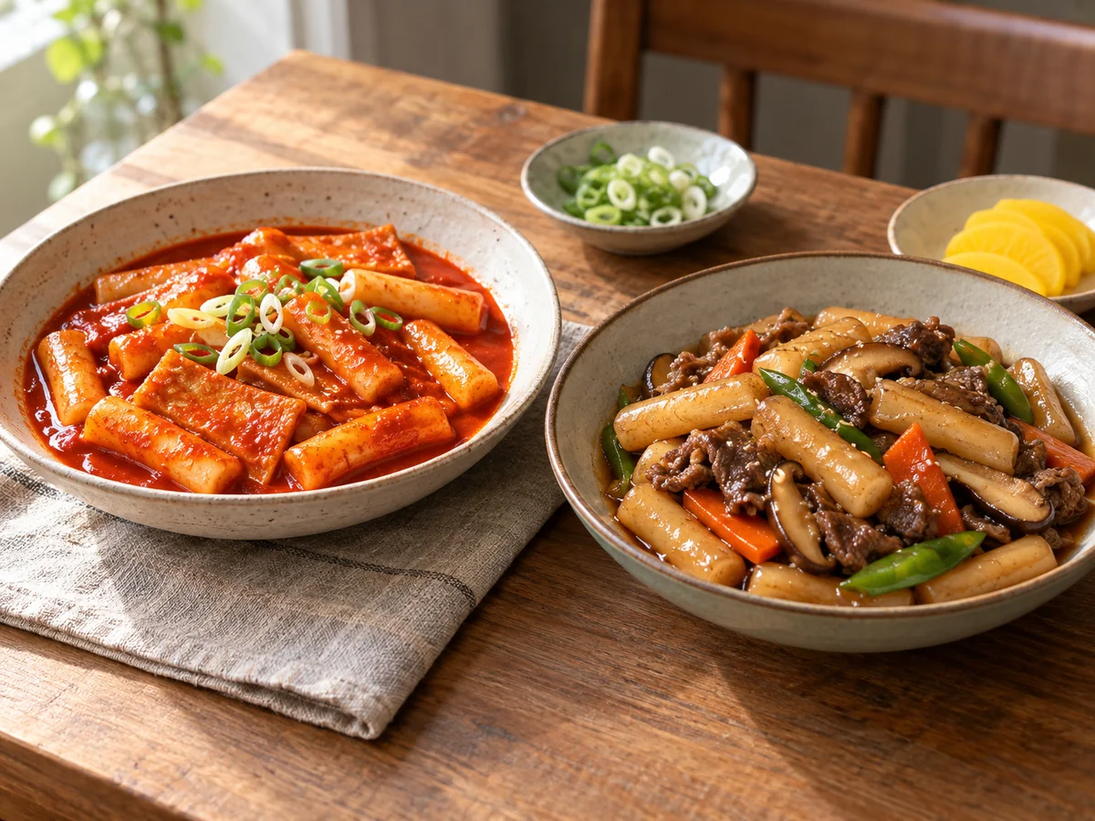 왼쪽 붉은 떡볶이와 오른쪽 소고기·채소를 넣은 간장 떡볶이
