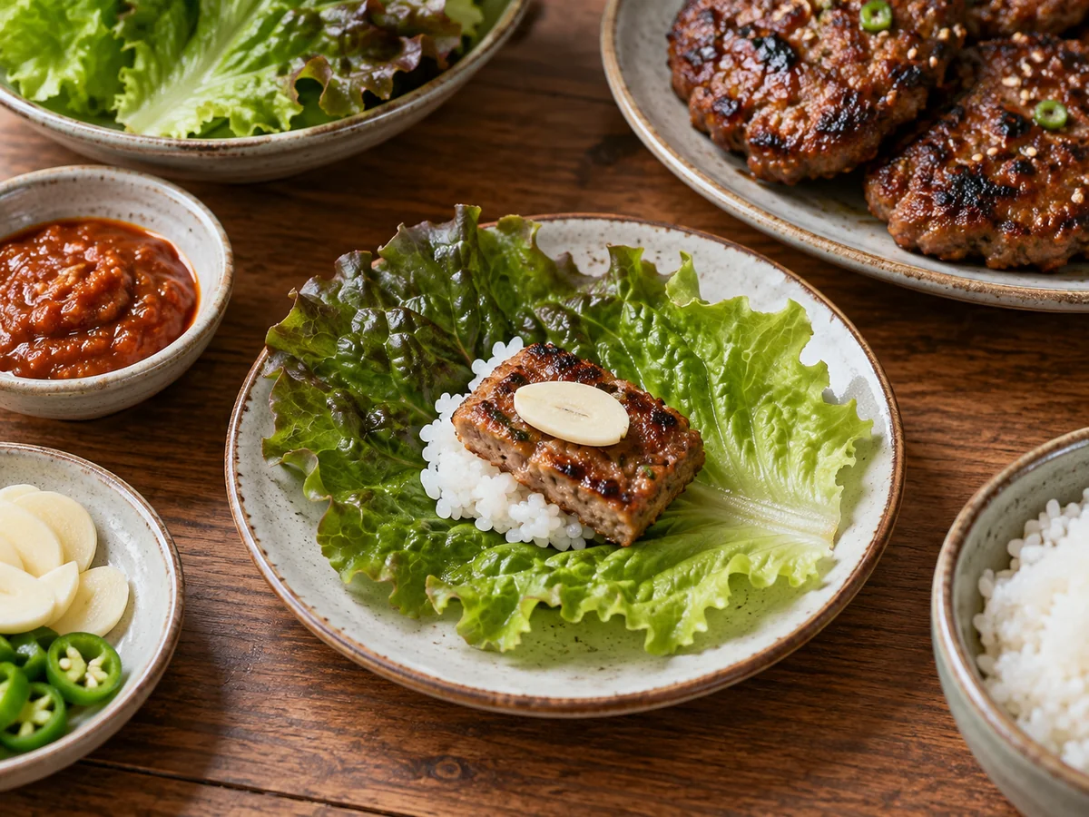 상추 위에 밥과 작은 떡갈비 조각·마늘을 올린 열린 쌈