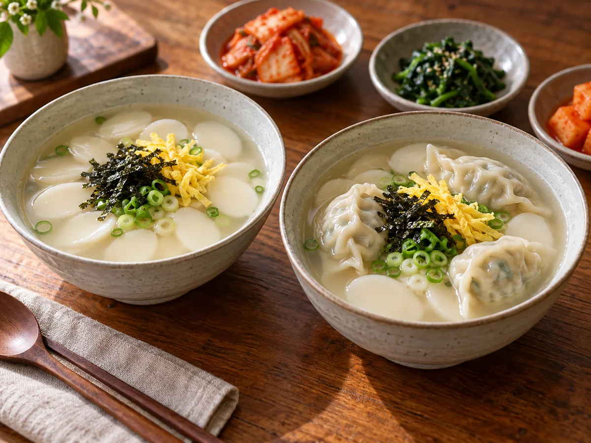 왼쪽 떡국과 오른쪽 떡과 만두를 함께 넣은 떡만둣국
